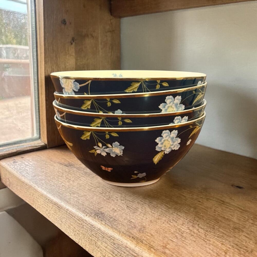 Laura Ashley Heritage Collectables Midnight Floral Bowls Set of 4 | Gold Rim